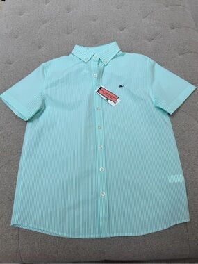NWT VINEYARD VINES GREEN SEERSUCKER SHORT SLEEVE BUTTON DOWN BOYS LARGE 16